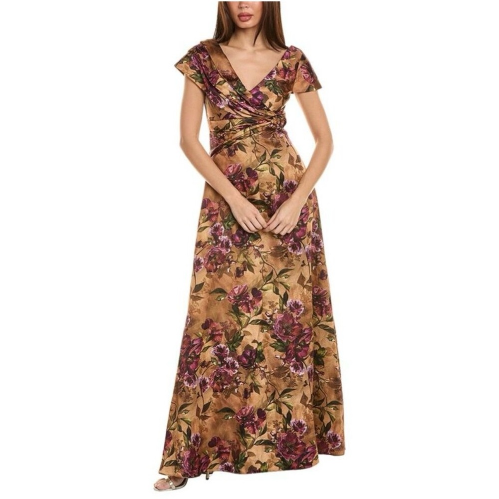 Theia Mustard Floral Twist-Front Maxi Dress